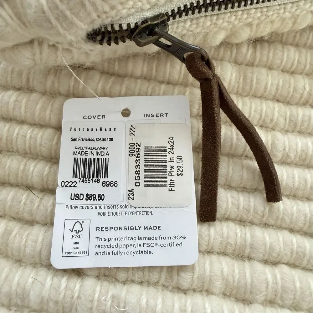Pottery Barn Pillow Cover 24 x 24 Rimbley Faille House De Caussin Lined NWT